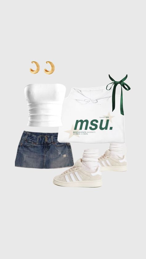 White “msu” sweatshirt white star design, white tube top, jean mini skirt, gold hoop earrings, dainty green hair bow and beige adidas shoes Msu Outfit, Stranger Things Dress, Tailgate Outfit, Game Day Outfit, Michigan State University, Stockholm Fashion, Gameday Outfit, Day Outfit, Michigan State