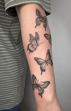 Black Grey Butterfly Tattoo, Black And White Butterflies Tattoo, Butterfly Tattoo Sleeve Men, Butterfly Quarter Sleeve Tattoo, Butterfly Sleeves Tattoo, Bitterly Tattoo, Black And Gray Butterfly Tattoo, Butterfly Tattoo Linework, Butterfly Tattoo Half Sleeve