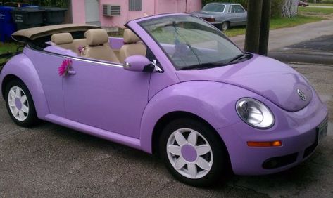 Purple Bug Car, Purple Mini Cooper, Pink Fuzzy Dice, Beatles Car, Volkswagen Beetle Interior, Pink Steering Wheel, Pink Car Interior, Car Decoration Ideas, Pink Car Seat Covers