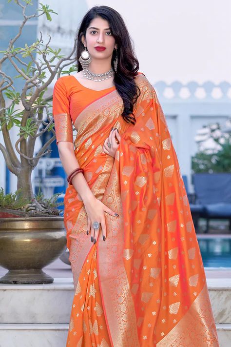 Zinnia Orange Banarasi Saree Indian Sari Dress, Orange Saree, Designer Silk Sarees, Saree Designs Party Wear, Orange Colour, Party Wear Lehenga, Art Silk Sarees, Saree Dress, Indian Designer Outfits