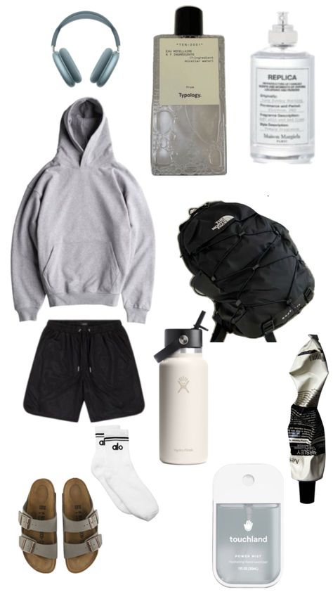 gray hoodie, birkenstock, north face bag, hydro flask, maison margelia cologne, airpods max Men Comfortable Outfits, Boys Outfit Inspo Casual, Mens Clean Aesthetic, Basic Boy Style, Sporty Guy Outfits, Clean Boy Room, Cleanboy Aesthetic, Clean Boy Aesthetic Outfits, Clean Guy Aesthetic