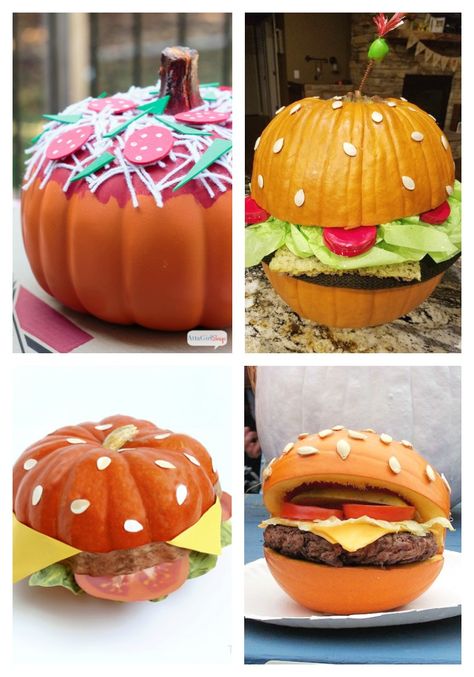 When a traditional Jack-o'-lantern won't cut it, try one of these creative pumpkin decorating ideas instead. Pizzas, ice cream, doughnuts and more -- you'll be amazed by these these decorated pumpkins that look like food. Pizza Pumpkin Decorating, Pizza Pumpkin Painted, Creative Pumpkin Decorating Ideas, Scarecrow Contest, Pumpkin Painting Party, Pumpkin Pizza, Decorated Pumpkins, Pumpkin Decorating Diy, Pumpkin Decorating Ideas