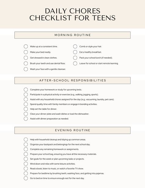 Introducing the ultimate solution to help your teens become responsible and accountable - the Chore List for Teens! This innovative responsibility chart is not just any ordinary chore chart for kids; it is specifically designed for teenagers, ensuring that they stay on top of their tasks and contribute to the smooth running of your household. With its editable and printable format, this chore chart is customizable to cater to your unique needs. Say goodbye to chaotic routines and hello to an organized and efficient cleaning schedule with the Chore List for Teens, editable on Canva. Buy now and empower your teens to take charge of their responsibilities! *This purchase will provide access to an editable Canva link with 1 templates that can be edited/downloaded in any format. Chores For Family, Daily Chores For Kids, Kids Chore List, Teen Tips, Teenage Chore Chart, Cleaning Schedule For Teens, Teenager Chore Chart, Teenage Chores List, Daily Chores