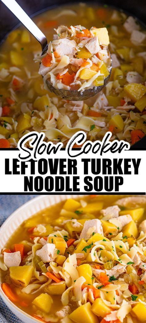 Leftover turkey soup is made in the crock pot and is the perfect recipe to use up some Thanksgiving leftovers. Filled with turkey, vegetables, noodles, and potatoes, this comforting soup will make your house smell amazing as it cooks in the slow cooker. | www.persnicketyplates.com Crock Pot Turkey Noodle Soup, Leftover Turkey Noodle Soup Crockpot, Turkey Corn Noodle Soup, Turkey Stew Recipes Slow Cooker, Crockpot Turkey Soup Recipes, Crock Pot Turkey Soup Recipes, Turkey Soup With Potatoes, Leftover Turkey Soup Recipes Crock Pot, Turkey Noodle Soup Homemade Crockpot