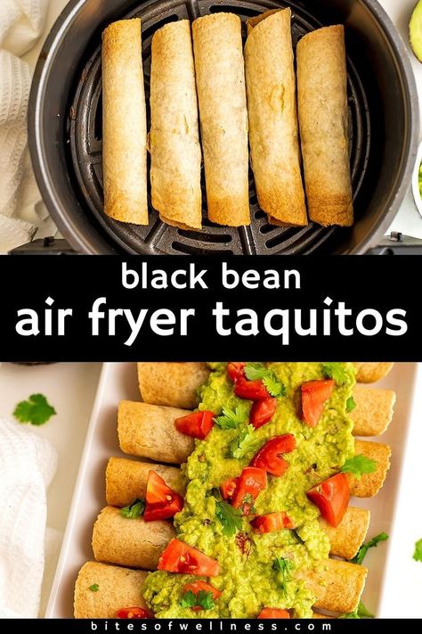 Gluten Free Taquitos, Taquitos Vegetarian, Black Bean Taquitos, Vegan Taquitos, Air Fryer Vegan, Bean Taquitos, Air Fryer Recipes Snacks, Snack Lunch, Vegetarian Comfort Food