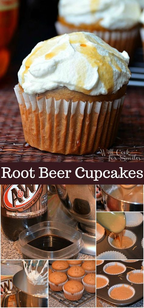 Root Beer Cupcakes with Cream Soda Frosting! Delicious cupcakes made with a reduction of root beer for a stronger flavor and topped with whipped frosting flavored with a reduction of cream soda. These two flavors compliment each other very nicely. #cupcakes #rootbeer #frosting #creamsoda #dessert Soda Frosting, Root Beer Cupcakes, Beer Cupcakes, Delicious Cupcakes, Whipped Frosting, Thai Chicken, Cream Soda, Yummy Cupcakes, Yummy Sweets