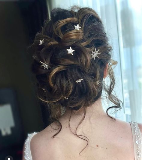 Wedding Hair Stars, Updo With Sparkle Pins, Stars In Hair Aesthetic, Updo With Jewels, Updo With Rhinestones, Prom Hair With Gems, Celestial Hairstyles, Celestial Wedding Hair, Star Hairstyle