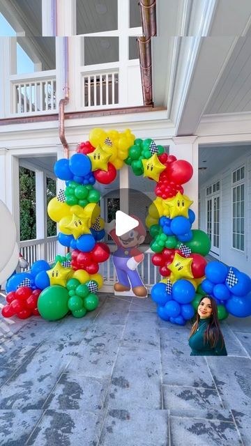 Jexsy Armstrong on Instagram: "A super fun birthday celebration - Mario themed! 🌟🏁🍄🐢🏃‍♂️🌟  The balloon decor featured floating white and blue balloon clouds, the cutest birthday marquee, flowers in their little green pots, a full balloon arch tastefully adorned with stars, checkered flags, and vibrant colors, plus an amazing Mario cutout to complete the look. 🌟  One of the highlights was the Mario foil balloon, which was not available anywhere in the United States. But we went the extra mile and found it all the way in Canada!  It made  the party just perfect! 🎈  Looking to create magical memories for your next event? Send us your event inquiries through the form linked in our bio! Can’t wait to help you celebrate! 🥳  Cutout by: @hallofgrafx  Mario Foil: Thanks to @shoptstc   . . Super Mario Bros Balloon Arch, Mario Birthday Balloon Arch, Mario Theme Birthday Party, Super Mario Balloon Arch, Super Mario Balloon Garland, Mario Balloon Arch, Full Balloon Arch, Super Mario Decorations, Birthday Marquee