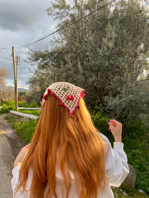 Crochet Bandana Flower, Boho Hair Scarf, Cherry Crochet, Hair Kerchief, Kerchief Hair, Crochet Bandana, Red Crochet, Boho Hair, Crochet Hair Accessories