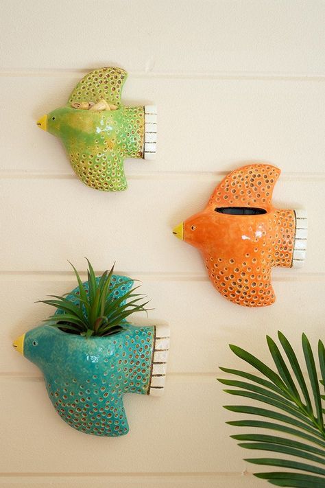 Pottery Wall Planters, Handmade Ceramics Ideas, Ceramic Birds Wall, Pottery Wall Art, Ceramic Wall Planters, Hanging Wall Planters, Wall Planters, Clay Planters, Backyard Diy