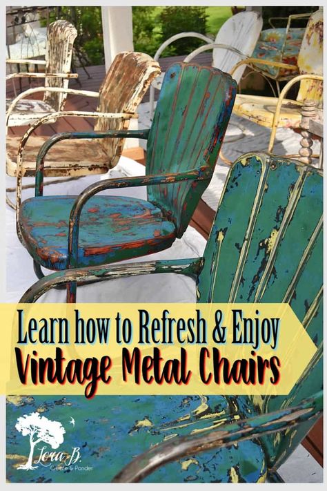 Vintage metal lawn chairs can be refreshed and enjoyed for another generation. Embrace their history and patina with a little sanding and sealing. Expert tips from an experienced vintage seller. #vintagerefresh #repurposed #antiquefixes #savingvintage #vintagetips #vintagefixes #metallawnchairs #oldmetalchairs Retro Metal Chairs, Retro Metal Patio Furniture, Painting Metal Chairs Outdoor Furniture, Metal Chair Painting Ideas, Vintage Glider Makeover, Painting Metal Outdoor Furniture, Vintage Glider, Behind Toilet Decor, Vintage Metal Glider