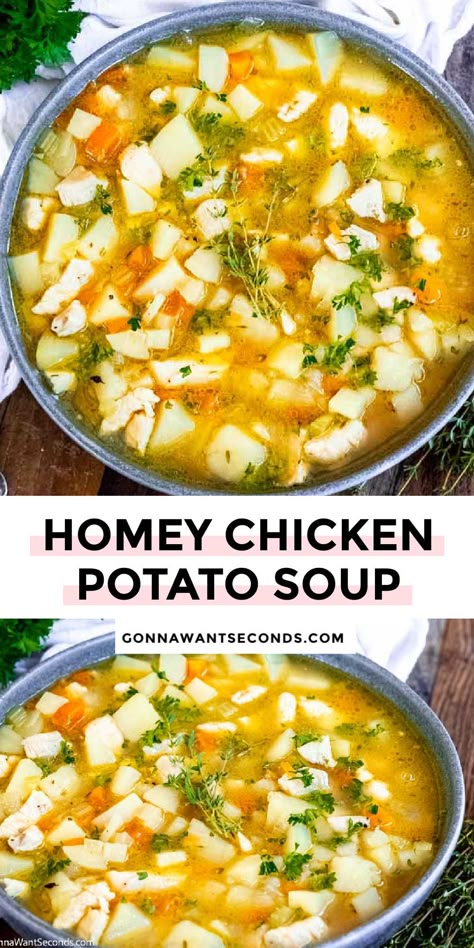 Chicken Potato Soup Best Chicken Potato Soup, Potato And Chicken Soup Recipes, Chicken Potato Broccoli Soup, Easy Chicken Potato Soup, Chicken Corn Potato Soup, Soups With Sweet Potatoes, Crockpot Chicken Potato Soup, Chicken Potatoes Soup, Chicken Potato Soup Crockpot