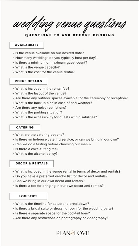 Wedding Venue Inquiry Email, Wedding Venue Checklist Printable 100 Questions, Wedding When To Do What, Venue Checklist Wedding, What To Wear To A Wedding Venue Tour, How To Plan An Affordable Wedding, Who Does What For The Wedding, Who Pays For What Wedding, Questions To Ask Wedding Venues Before Booking