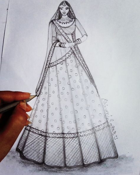 Lehenga Drawing Sketches, Ethnic Wear Illustration, Dress Rendering, Bridal Drawing, Dot Drawings, Bride Fashion Illustration, Black Sketchbook, Small Sketchbook, Wedding Dress Sketches