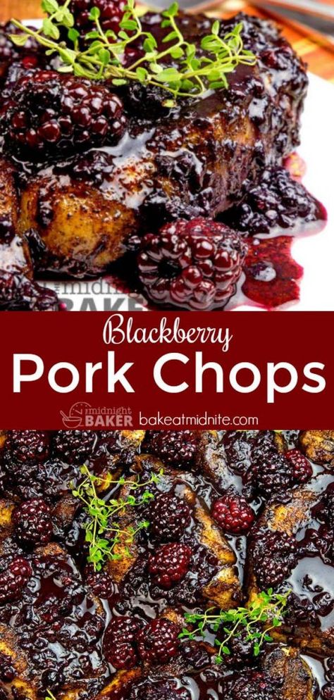 Delicious pork chops in a blackberry sauce is easy enough for every day! Blackberry Sauce For Pork, Blackberry Sauce Recipe, Berry Dinner Recipes, Pork Chops With Blackberry Sauce, Blackberry Recipes Dinner, Blackberry Pork Chops, Savory Berry Recipes, Entree Ideas Dinner, Blackberry Sauce For Meat