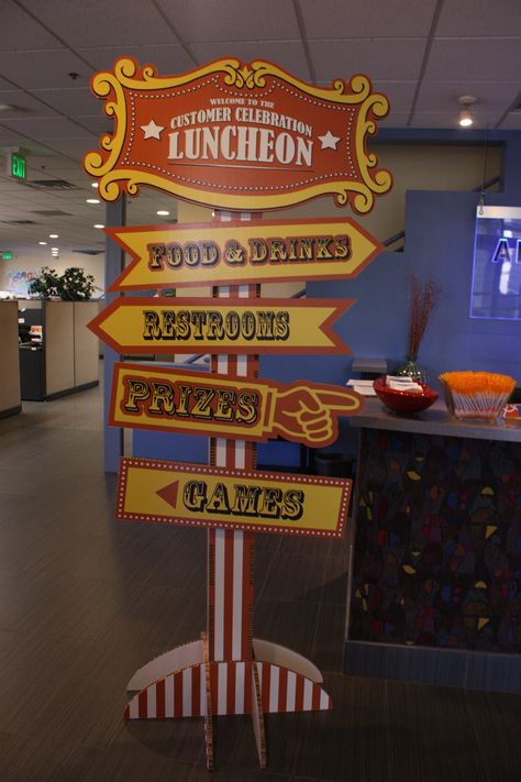 2013 Customer Celebration event signage. Clowns Halloween Decorations, Carnival Signs, Creepy Carnival, Halloween Circus, Carnival Decorations, Clown Party, Circus Theme Party, Kids Themed Birthday Parties, Party Themes For Boys