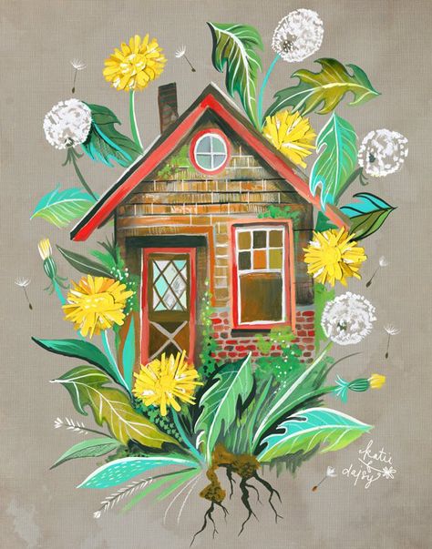 Be A Wildflower, Housewarming Card, Daisy Art, House Illustration, Mixed Media Artwork, House Art, Farmhouse Wall Art, Colorful Paintings, Illustration Inspiration