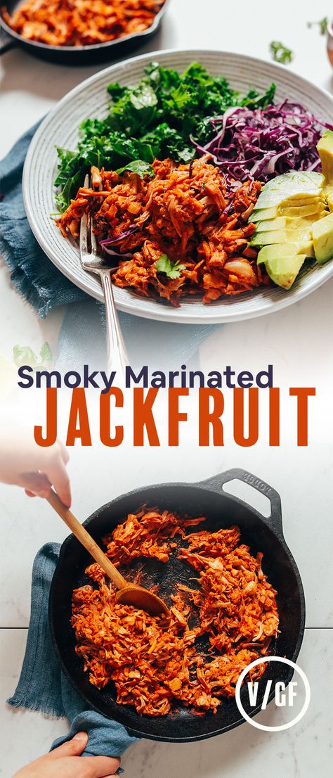 SMOKY Marinated Jackfruit! Less than 30 minutes hands-on prep, leave it to marinade, sauté throughout the week! BIG flavor! #vegan #jackfruit #glutenfree #minimalistbaker #recipe Gf Lunch, Vegan Tortilla Soup, Jackfruit Sandwich, Vegan Jackfruit, Canned Jackfruit, Jackfruit Recipes, Vegetarian Mains, Mexican Night, Vegan Ideas