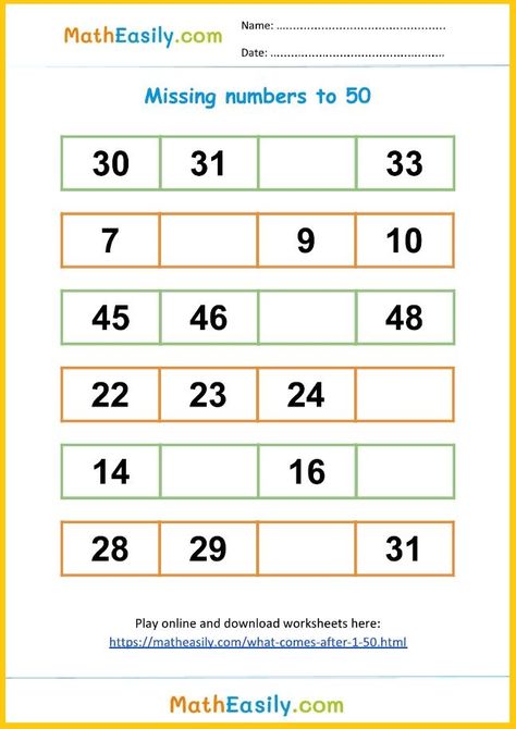 Math worksheets for 2nd Grade: Fill in missing numbers 1-50 #matheasily #mathworksheets #mathgames #addition #kids #firstgrademath #secondgrademath #missingnumbers Maths Worksheet For Sr Kg, Sr Kg Worksheets Maths, Sr Kg Maths Worksheet, 1 To 20 Missing Numbers Worksheet, Grade 1 Lesson Plan Math, Worksheet On Missing Numbers, Missing Numbers 1-50 Worksheets, Missing Numbers 1-100 Worksheet, Missing Numbers 1-200 Worksheet