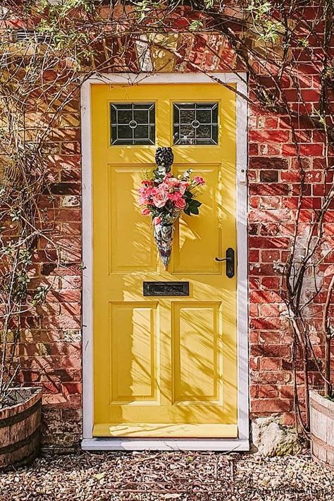 Farrow & Ball, Babouche Yellow Door Hague Blue Bathroom, Luxe Apartment, Moody House, Yellow Front Door, Breakfast Room Green, Exotic Names, Green Grey Paint, Yellow Front Doors, Bohemian Luxe