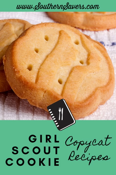 Girl Scout Cookie Copycat Recipes, Copycat Girl Scout Cookies, Copycat Girl Scout Cookie Recipes, Trefoil Cookie Recipes, Girl Scout Shortbread Cookie Recipe, Homemade Girl Scout Cookies, Copycat Restaurant Recipes Desserts, Copycat Snack Recipes, Cookie Copycat Recipes