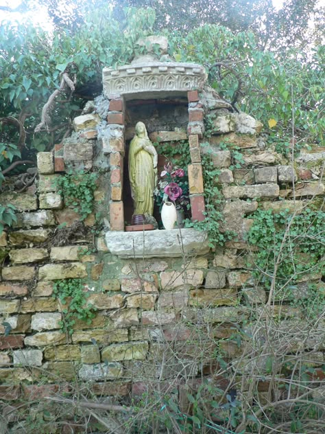 Shrines And Altars Ideas, Roadside Shrine, Outdoor Shrine, Catholic Garden, Goth Cottage, Location Unknown, Religious Iconography, Sacred Garden, Catholic Altar