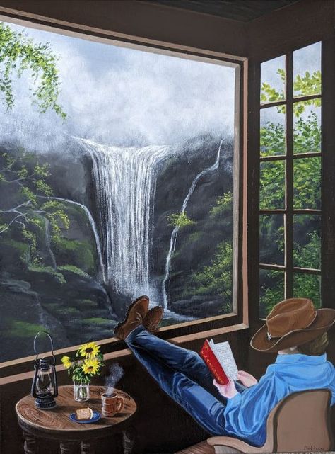 Acrylic Realism, Peaceful Easy Feeling, Photorealism Painting, Waterfall Landscape, Realism Painting, Commissioned Artwork, Brown And Green, Original Landscape Painting, Window View