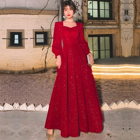 Mid Length Bridesmaid Dresses With Sleeves, Simple Gowns Dresses Elegant, Red Gowns Elegant, Red Sequin Dress Long, Dresses Long Sleeve Elegant, Evening Dresses Long Sleeve, Women Evening Dresses, Red Evening Dress, Long Sleeve Evening Dresses