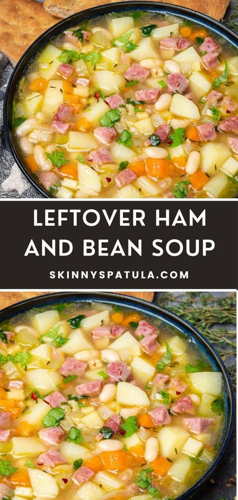 Leftover Ham and Bean Soup – Skinny Spatula Weight Watchers Ham And Bean Soup, Ham Bean And Potato Soup, Ham Soup Recipes Leftover, Bean And Ham Soup Recipes, Ham Bean Soup Recipes, Leftover Ham Soup Recipes, Leftover Ham And Potato Soup, Ideas For Leftover Ham, Leftover Ham Soup