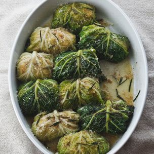 Stuffed Cabbage with Rosemary Brown Butter and Parmigiano-Reggiano | Williams-Sonoma Napa Cabbage Rolls, Thanksgiving Vegetable Sides, Thanksgiving Vegetables, Stuffed Cabbage, Napa Cabbage, Cabbage Leaves, Cabbage Rolls, Recipe Roundup, Vegetable Sides