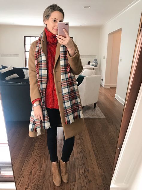 how to style a camel coat three ways during the winter - See (Anna) Jane. Red Sweater Outfit Winter, Winter Street Fashion, Street Fashion Outfits, Madewell Coat, Red Sweater Outfit, Coat Outfit Casual, Camel Coat Outfit, Boss Style, Winter Coat Outfits