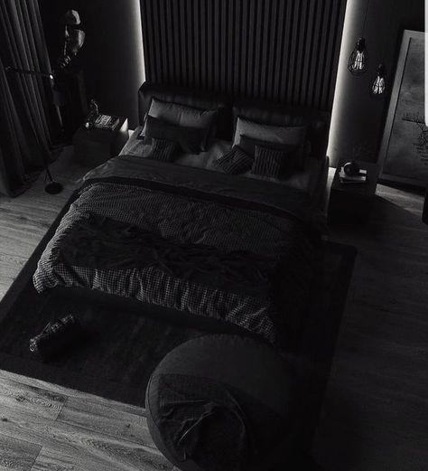 Black Themed Bedroom Aesthetic, Wattpad Lifestyle, Luxury Black Bedroom, Modern Bedroom Design Luxury, Rainy River, Bedroom Design Luxury, Mansion Bedroom, Black Bedroom Design, Black Bedroom Decor