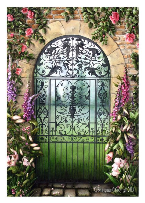 Gate Painting, Behind The Green Door, Garden Gate Design, Desert Garden, Wrought Iron Gates, Door Gate, Fantasy Paintings, Iron Gates, Garden Gate