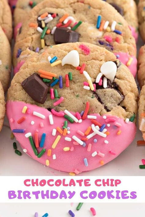 Easy to make chocolate chip cookies for any birthday celebration. These Birthday Cookies are the softest homemade chocolate chip cookies! They're dipped in chocolate and will remind of you a delicious birthday cake. These are the best funfetti cookies you'll ever bake! #dessert #recipes #decorated #happy #easy #simple #DIY #pink #ideas Decorated Birthday Cookies, Vegan Cookie Recipes, Aesthetic Cookies, Simple Cookie Recipe, Chocolate Chip Dip, Cookies Aesthetic, Simple Cookie, Chocolate Chip Shortbread Cookies, Happy Birthday Cookie