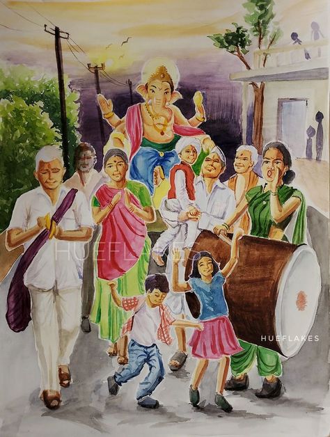 Market Composition Painting, Ganesh Utsav Memory Drawing, Memory Drawing Of Ganesh Festival, Ganesh Festival Drawing, Ganpati Memory Drawing, Composition Watercolor Painting, Ganpati Visarjan Drawing, Ganesha Chaturthi Drawing, Festival Composition Drawing