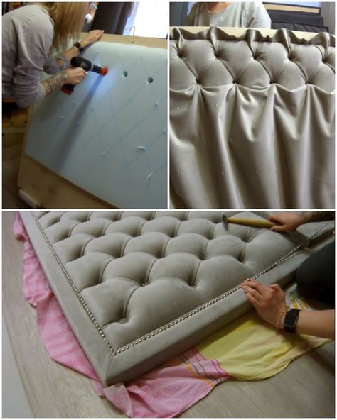 Headboard in a soft frame with a diamond tufted pattern | diamond | Headboard in a soft frame with a diamond tufted pattern | By MetDaan Creative | Facebook | Add a touch of felicans to your bedroom with a diamond tufted headboard. Such an addition would certainly provide with a comfortable backrest. This tutorial will take you through each step of this project. So take note and enjoy. Drilling the holes of the headboard following the outline. Attaching the covering layer and stitching it into p Diamond Headboard Bedroom, Homemade Headboard Ideas, Tuffed Headboard, Make A Padded Headboard, Tufted Headboard Tutorial, Tufted Headboard Bedroom, Pattern Headboard, Tufted Bed Frame, Diy Tufted Headboard