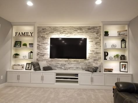 Feature Wall Living Room, Built In Shelves Living Room, Living Room Built Ins, Living Room Wall Units, Living Room Entertainment Center, Kids Basement, Basement Living Rooms, Living Room Entertainment, Home Theater Rooms