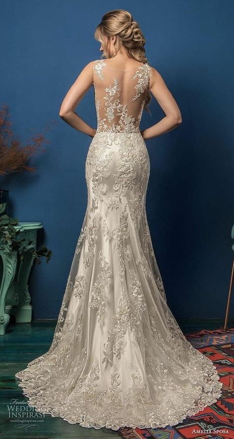 Wedding Dress Sheer Back, Amelia Sposa Wedding Dresses, Lace Sheer Wedding Dress, Lace Fit And Flare Wedding Dress, Illusion Back Wedding Dress, Cream Wedding Dress, Form Fitting Wedding Dress, Lace Back Wedding Dress, Wedding Dress Sheer