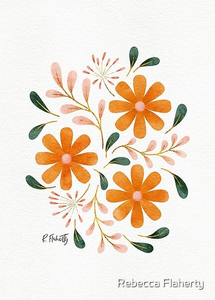 A hand drawn watercolour daisy print and pattern in warm earthy colours. This design is available in four other colours.Artwork by Rebecca Flaherty. Watercolour Daisy Simple, Daisy Gouache Painting, Daisy Vector Illustration, Daisy Pattern Illustration, Yellow Daisy Watercolor, Gouache Illustrations, Stencil Patterns, Daisy Print, Drawing Practice