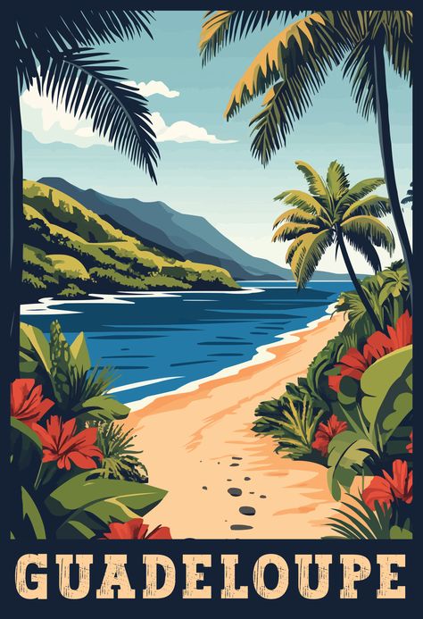 Discover the enchanting landscapes of Guadeloupe with this vintage travel art. Immerse yourself in the pristine beaches, lush rainforests, and vibrant Creole culture of this Caribbean paradise. Let this artwork inspire your next adventure to the picturesque islands of Guadeloupe. 🌴🇬🇵 #Guadeloupe #VintageTravelArt #CaribbeanTravel #IslandGetaway Creole Culture, Caribbean Travel, Island Getaway, Travel Design, Vintage Travel, Travel Art, Travel Fun, Travel Posters, Lush