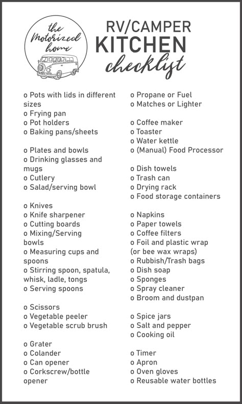 New Camper Checklist, Van Life Kitchen, Camper Checklist, Kitchen Checklist, Travel Trailer Organization, Rv Camping Checklist, Rv Dreams, Camper Rental, Accessories Guide