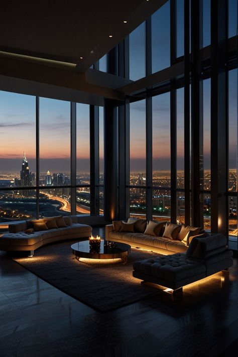 Discover the allure of Dubai from this luxurious high-rise penthouse, offering sweeping night views of the city's skyline. The sleek design and floor-to-ceiling windows immerse you in a mesmerizing panorama of vibrant lights and urban beauty. Perfect for those who dream of elevated elegance. #DubaiPenthouse #LuxuryHomes #CityscapeViews #NighttimeBeauty #ModernLiving #OpulentInteriors #DubaiAtNight High Rise Penthouse, Dark Living Room Aesthetic, Room Design Black, Living Room Design Black, Dubai Penthouse, Comfy Pillow, Beige Curtains, Dark Living Rooms, Opulent Interiors