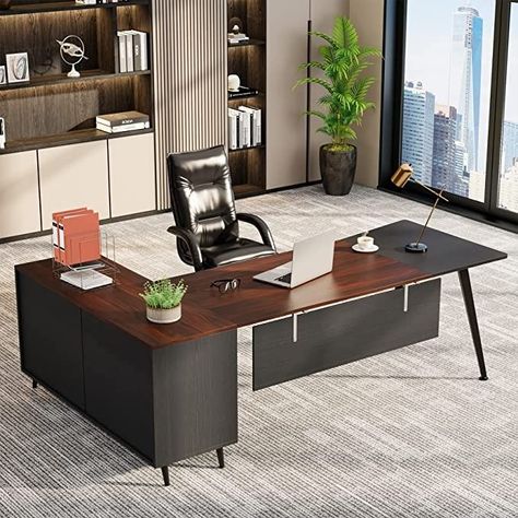 【USER-FRIENDLY OFFICE FURNITURE】: Looking to upgrade your home office space? We can help! Create a fresh look in your office with the modern style and functional design of this L-shaped Executive desk. Vintage spliced mocha cherry and grey finishes with tapered leg accents for an alluring appearance to match your home office. L desk fits nicely in any tight space, allows you to take full advantage of your abode office workspace. L Shaped Office Desk, Modern Executive Desk, L Shaped Executive Desk, Wood Office Desk, Desk Workstation, Desk With Drawer, File Cabinet Desk, Desk Styling, Home Office Computer Desk