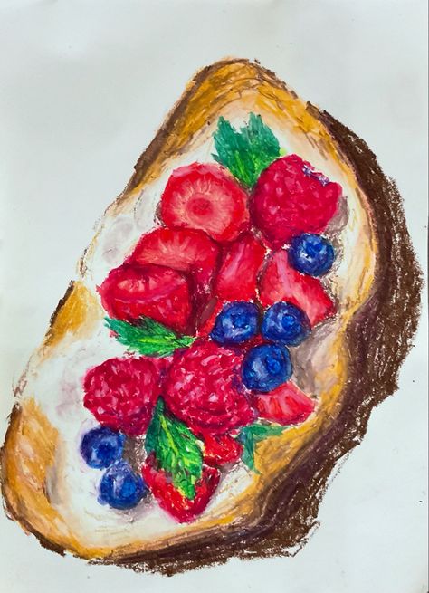 Oil Pastel Art Objects, Food Art Colored Pencil, Cake Oil Pastel Drawing, Oil Pastel Doodles Aesthetic, Oil Pastel Food Drawing, Food Oil Pastel Drawing, Oil Pastel Food Art, Oil Pastel Drawing Ideas Easy, Oil Pastel Art Food