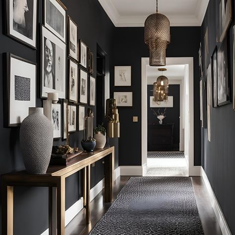 Maximalist hallway 🤩 Black Walls Hallway, Photo Wall Hallway, Maximalist Hallway, Moody Hallway, Moody Entryway, Hallway Accent Wall, Grey Entryway, Decorate Hallway, Entrance Wall Art