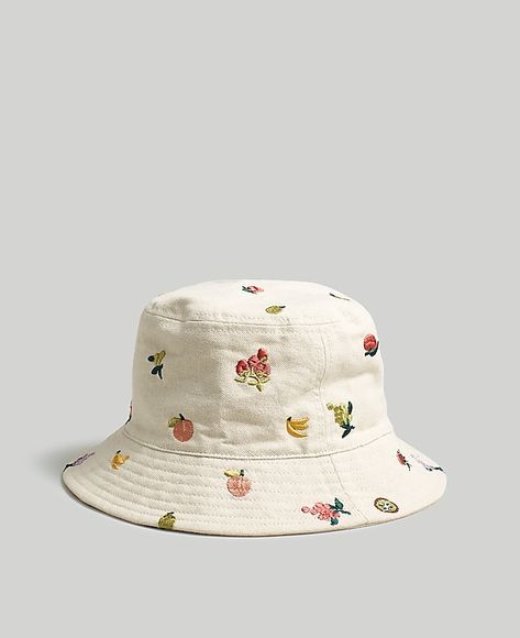 Fresca Fruit Embroidered Bucket Hat | Madewell Embroider Hats, Bucket Hat Embroidery, 2023 Wishlist, Skater Vibes, Embroidered Bucket Hat, 90s Skater, Earring Kit, Embroidered Canvas, Embroidered Hat