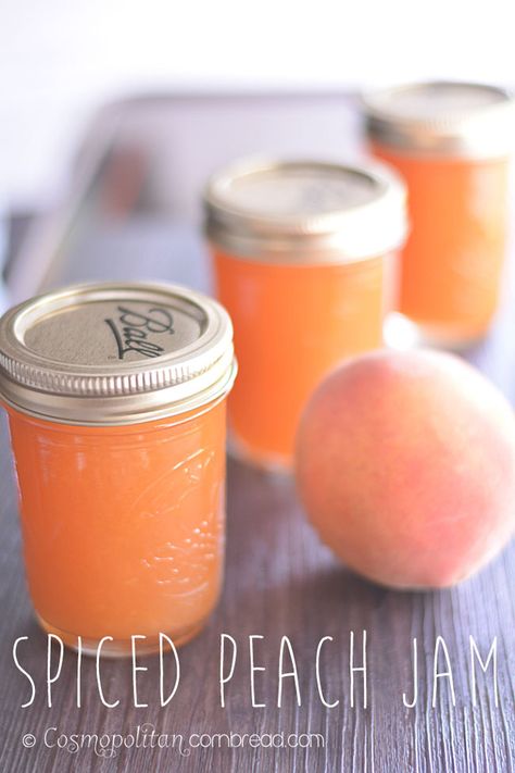 Peach Cobbler Jam Recipe, Peach Cobbler Jam, Spiced Peach Jam, Mini Homestead, Cosmopolitan Cornbread, Peach Freezer Jam, Preserved Food, Fruit Butters, Peach Jam Recipe