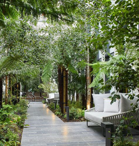 London's Wardian Residential Towers Are Wrapped in Sky-High Gardens Wardian London, City Courtyard, Modern Terrarium, Lake Maggiore, Garden Drawing, Stone Pathway, Outdoor Seating Area, Stone Path, Sky Garden