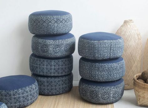 Zafu Cushion, Designer Bed Sheets, Indigo Textiles, Cushion Floor, Small Ottoman, Indigo Batik, Ottoman Pouf, Leather Stool, Moroccan Leather