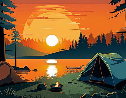 Camping Scene Painting, Campsite Drawing, Camping Mural, Camping Graphic Design, Trek Illustrations, Camp Postcard, Camp Illustration, Jungle Camping, Jungle Camp